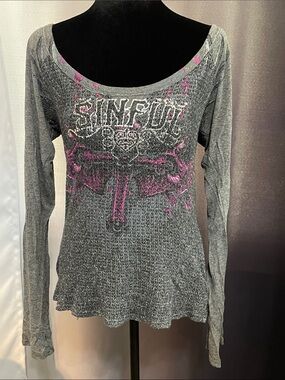 Sinful Women's Gray Thermal Long-Sleeve Top with Pink Graphic